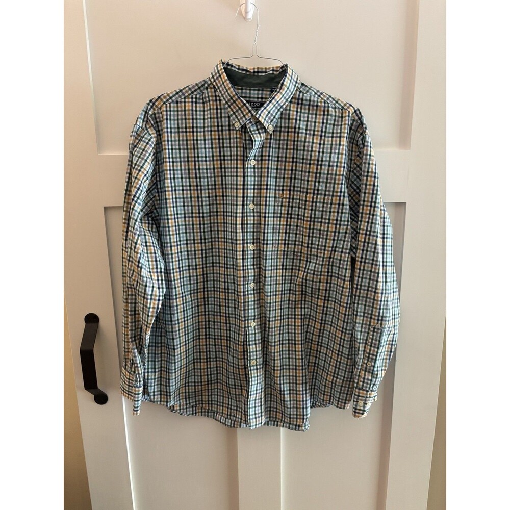 IZOD Premium Essentials Men’s XL Plaid Button Down Shirt Green Blue Classic Fit